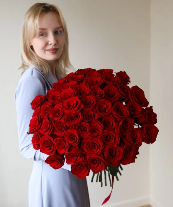 Розы красные под ленту (51 шт)